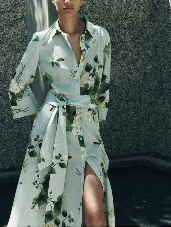 NWT Zara ZW Collection Green Floral Button Down Shirt Dress Midi w/ Belt XS - Picture 8 of 9